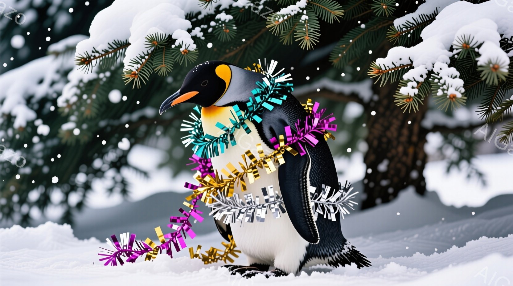 ペンギンが雪景色の中で立っており、首にカラフルなモールが巻かれています。ペンギンは正面を向き、少し真剣な表情をしています。背景には雪に覆われた木々があり、冬の静かで冷たい雰囲気が漂っています。 - AI生成フリー素材