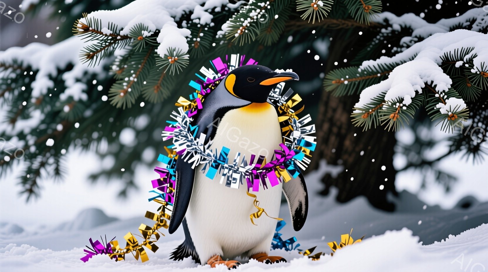 白い雪景色の中に、飾り付けられたペンギンが立っている。ペンギンの首には、紫、ピンク、金色のキラキラしたガーランドが巻き付けられており、足元にはさらにガーランドが散らばっている。背景には雪をまとった針葉 - AI生成フリー素材