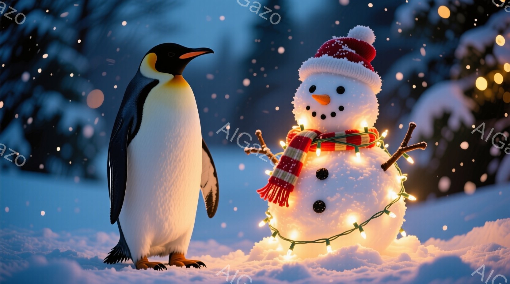 雪景色の中に、可愛らしいペンギンと雪だるまが並んでいます。雪だるまは赤い帽子とオレンジ色の鼻、そしてつぶらな黒い目で飾られ、カラフルな飾り付けの電飾で囲まれています。ペンギンはまっすぐに立ち、雪だるま - AI生成フリー素材