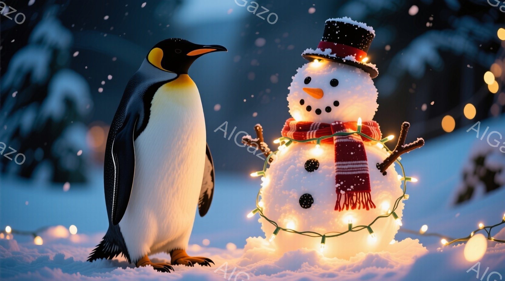 雪景色の中に、ペンギンと雪だるまが並んでいます。雪だるまは、シルクハットとストライプの赤と白のマフラーを身に着け、ボタンの目が輝いています。背景にはぼんやりとした木々が見え、雪がちらつき、温かく幻想的な雰囲気を醸し出しています。