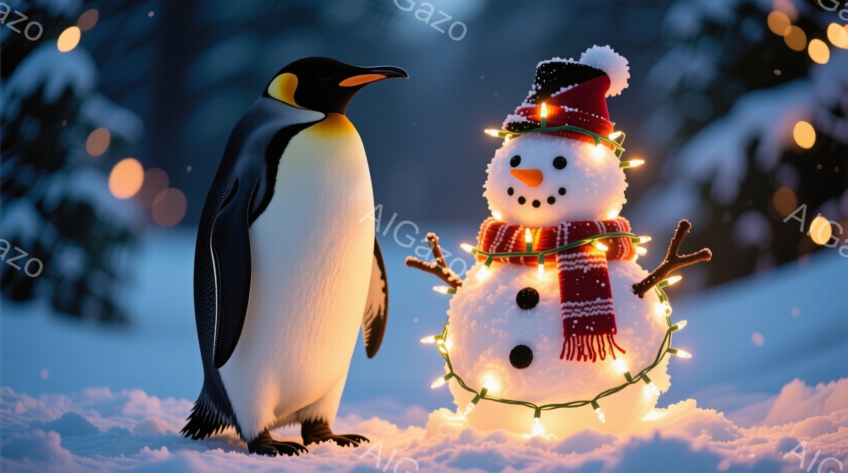 白い雪景色の中に、ペンギンと雪だるまが並んで立っています。雪だるまは赤い帽子をかぶり、カラフルなマフラーを巻き、暖かい光を放つ電飾で飾られています。背景にはぼやけた木々があり、幻想的な冬の雰囲気を醸し - AI生成フリー素材