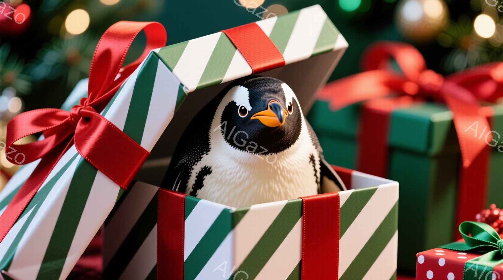 白黒のペンギンが、緑と白のストライプ模様のリボン付きのギフトボックスから顔を出しています。ペンギンの表情は好奇心旺盛で、黒い瞳がこちらを見つめています。背景には、ぼやけたクリスマスツリーや飾りが見え、 - AI生成フリー素材