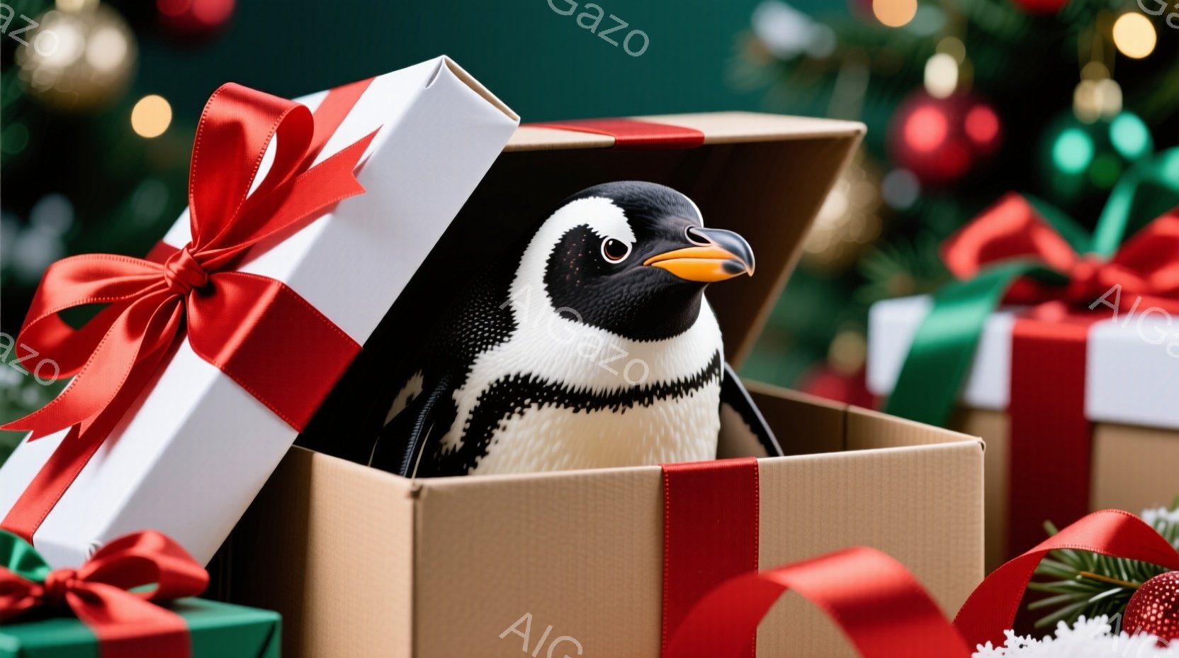鮮やかな赤いリボンで飾られたギフトボックスの中に、ペンギンの頭と首が覗いています。ペンギンは好奇心旺盛な表情でこちらを見ており、白い体と黒い羽がはっきりと見えます。背景には、クリスマスツリーの緑と赤いオーナメントがぼやけて見え、お祝いムードを醸し出しています。