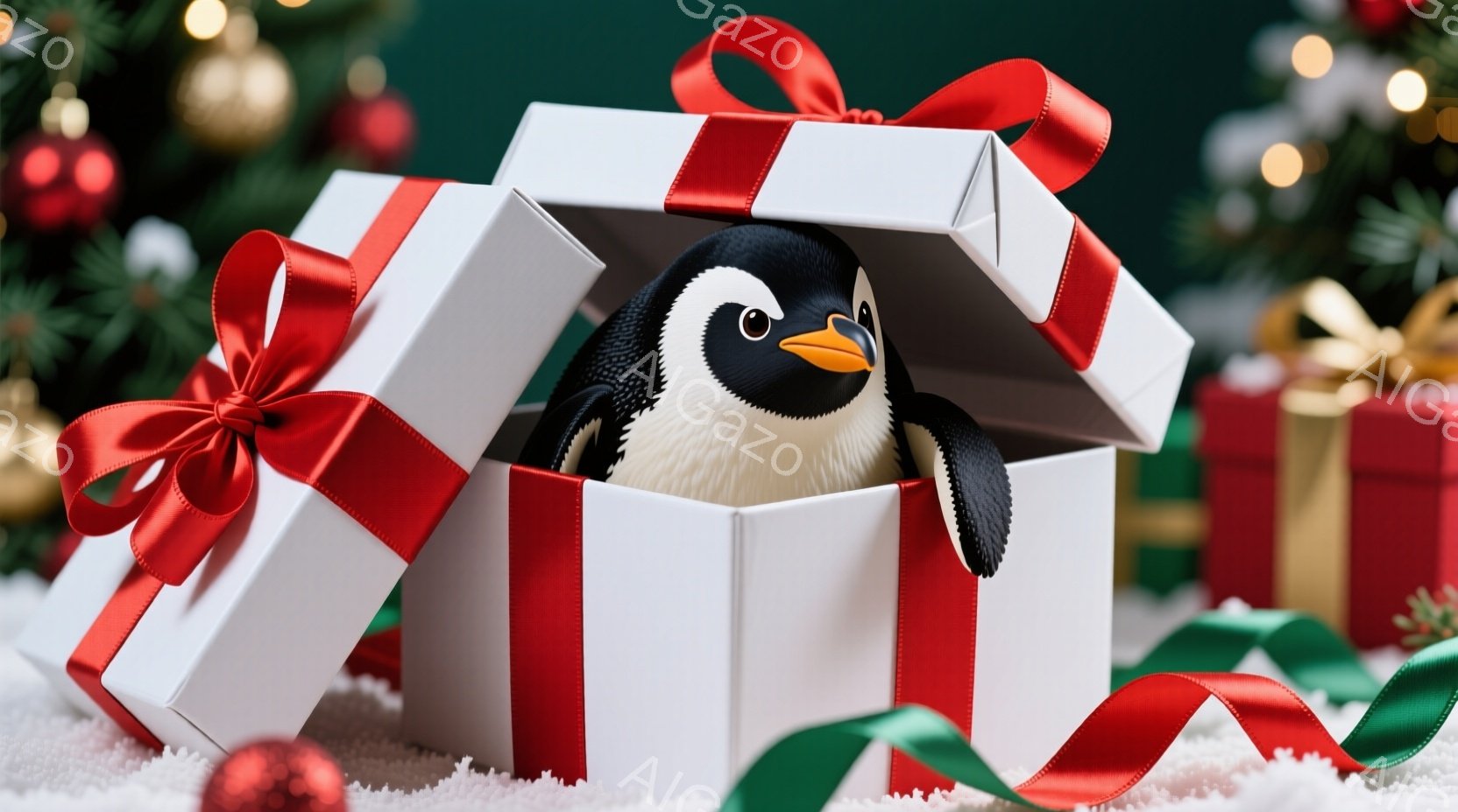 白いギフトボックスの中からペンギンが顔を出しています。赤色のリボンが箱を飾り、周りには雪が積もり、クリスマスツリーの緑が背景に見えます。全体的に温かく、お祝いムードに満ちた雰囲気です。 - AI生成フリー素材