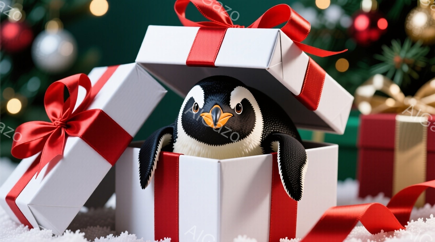 白いギフトボックスの中からペンギンの顔と首が覗いています。赤色のリボンが箱を飾り、背景にはクリスマスツリーのぼやけた光が輝き、雪景色が広がっています。全体的に暖かく、お祝いムード満点のクリスマスの雰囲 - AI生成フリー素材