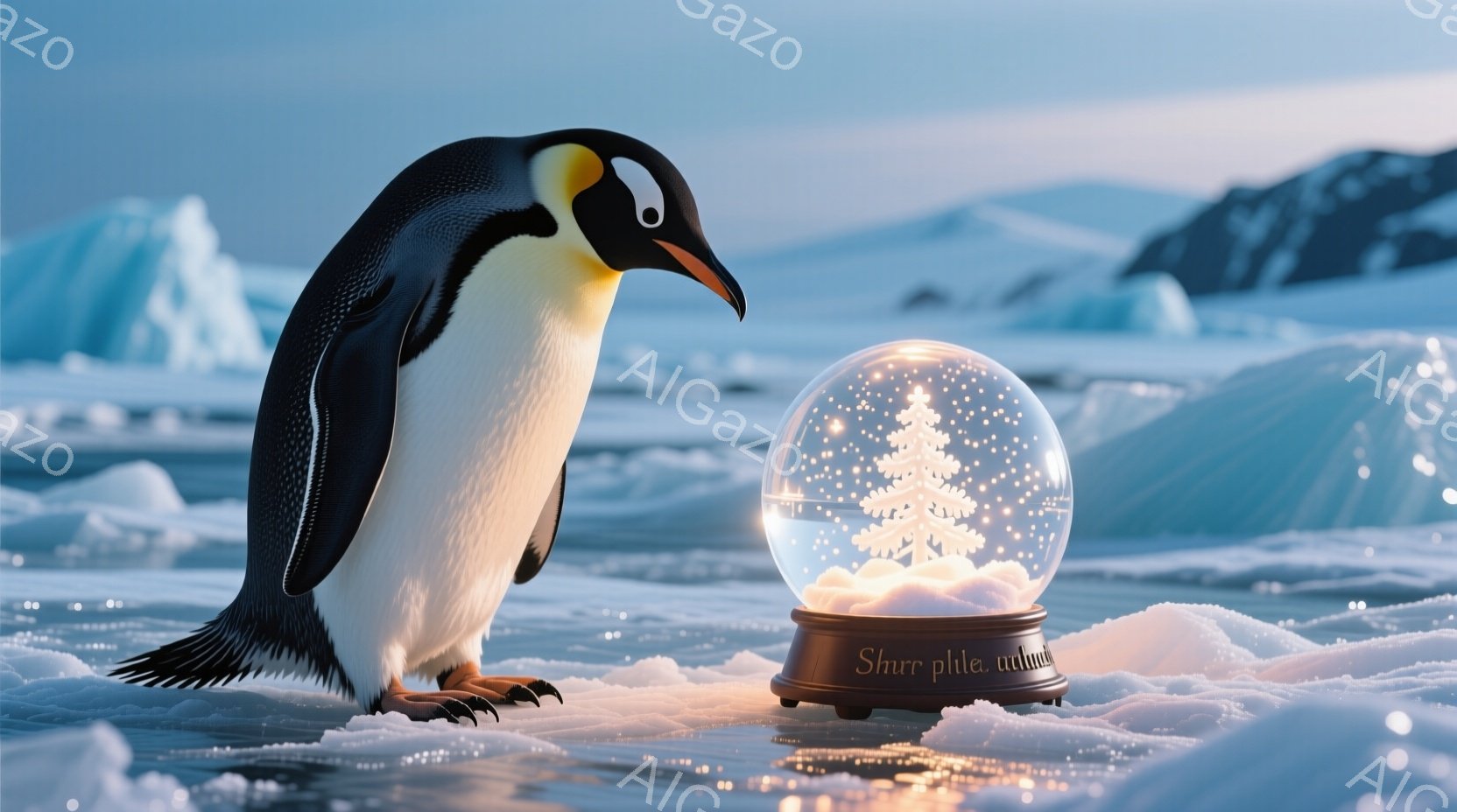 氷の多い風景の中に立つエンペラーペンギンを描いています。ペンギンは左を向き、雪の中で立っており、少しうなだれた様子です。背景には、様々な形の氷山があり、全体的に静かで寒々とした冬の雰囲気を醸し出しています。小さな雪の結晶が舞い、中央には雪の結晶を模した飾りが入ったガラス球が置かれています。