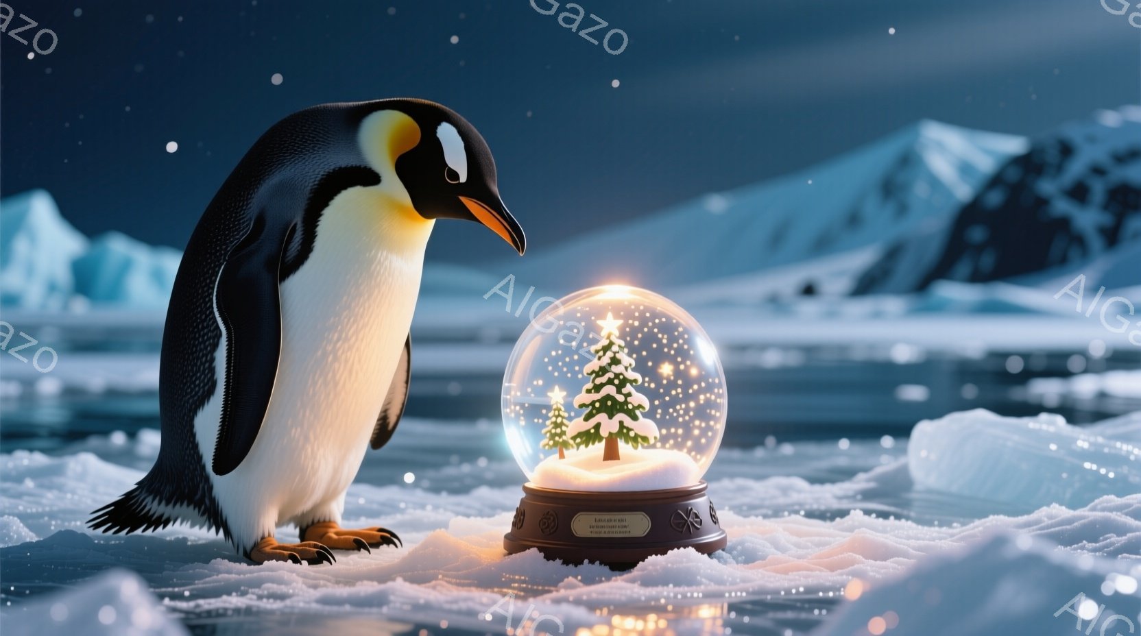 雪に覆われた氷上の前に佇むペンギンが描かれています。ペンギンは右を向き、小さな雪の玉の中に飾られたクリスマスツリーを眺めており、その表情はどこか物憂げで穏やかです。背景には氷山がそびえ立ち、遠くにはぼ - AI生成フリー素材