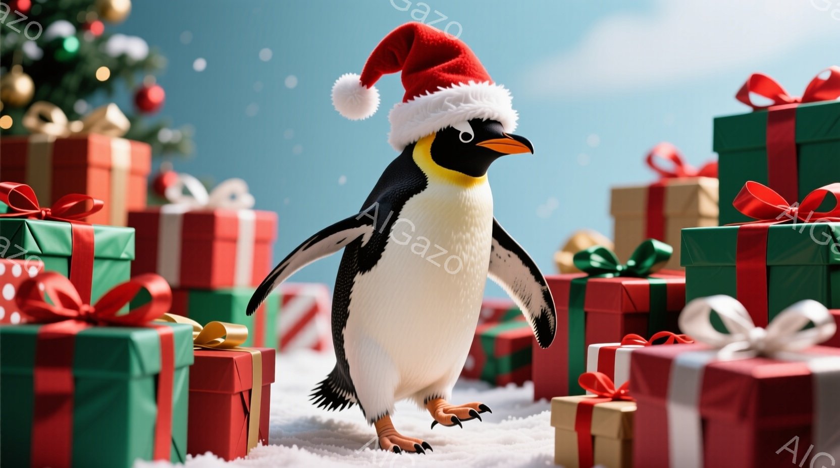 白と黒のペンギンがクリスマスツリーとプレゼントの山の中に立っており、赤いサンタ帽をかぶっています。ペンギンは少し前かがみになり、片足を前に出して歩いているような姿勢です。背景には雪がちらつき、お祝いの - AI生成フリー素材