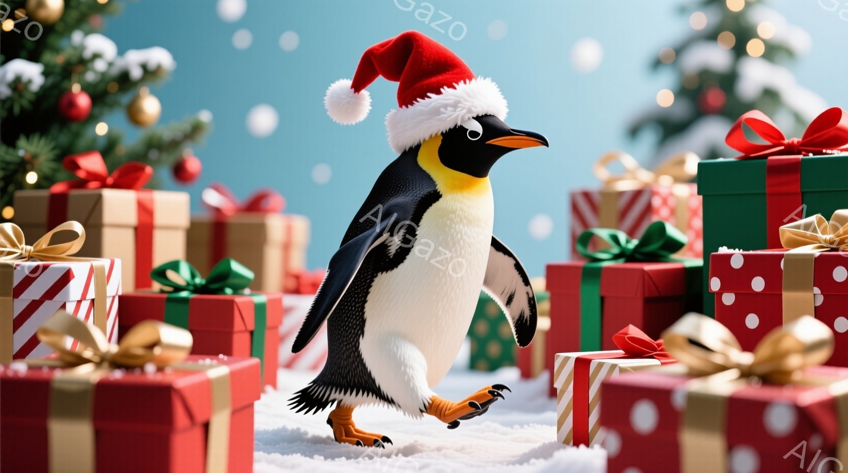 鮮やかなプレゼントの山に囲まれたペンギンが、赤いサンタの帽子を被って立っている。ペンギンは右足を少し前に出し、少し上目線でこちらを見ている。背景には緑のクリスマスツリーと雪が舞っており、全体的に暖かく - AI生成フリー素材