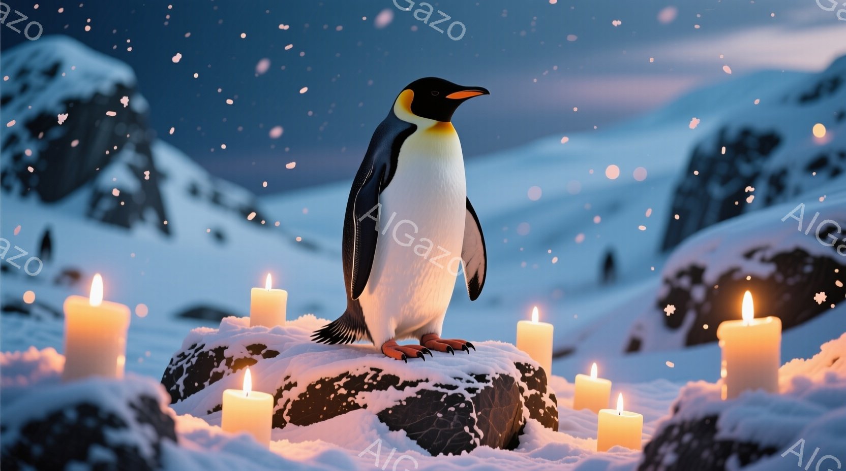 雪に覆われた岩の上に、堂々としたペンギンが立っている。周りには灯りが灯ったロウソクがいくつか置かれ、幻想的な雰囲気を醸し出している。背景には雪山が広がり、降り積もる雪が静かで冷たい冬の風景を強調してい - AI生成フリー素材