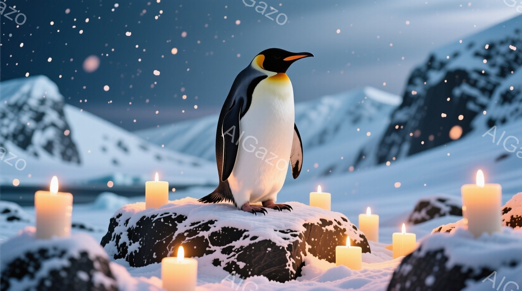白い雪と氷に覆われた荒涼とした風景の中に、一羽のペンギンが立っている。ペンギンは岩の上に立ち、周囲には点灯した白いキャンドルがいくつか置かれている。背景には雪山がそびえ立ち、夜空には微かな光が散らばり - AI生成フリー素材