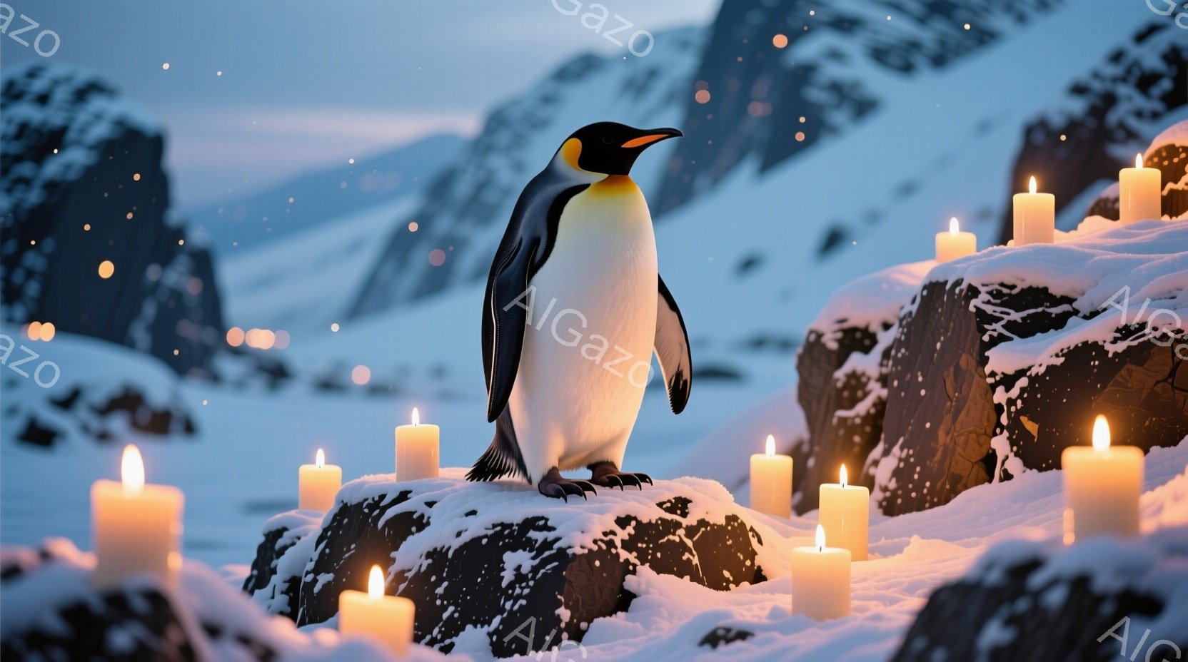 雪に覆われた岩の上に立つキングペンギンの姿を捉えています。周囲には、点灯したロウソクがいくつか置かれ、背景には雪山がぼんやりと見えます。全体的に、静かで神秘的な雰囲気が漂っています。 - AI生成フリー素材
