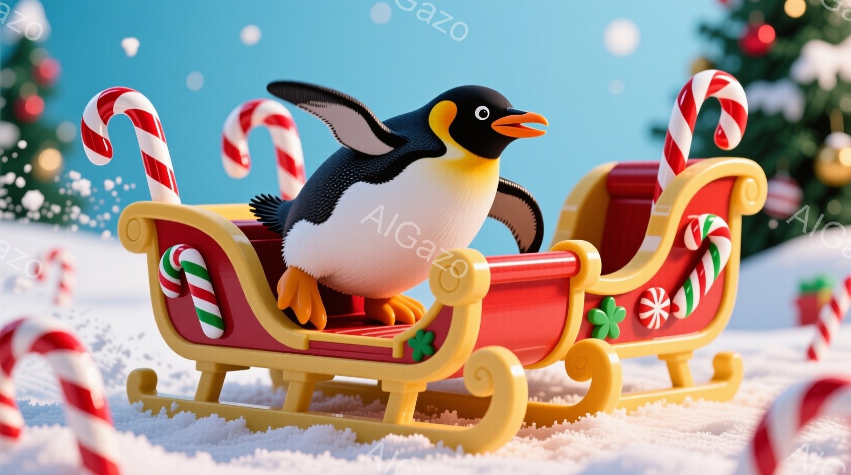 雪景色の中で赤いそりに乗ったペンギンを描いています。ペンギンはオレンジ色のくちばしと足を持ち、嬉しそうに前を見つめています。背景にはキャンディケーンやクリスマスツリーが配置され、全体的に温かく、お祝い - AI生成フリー素材