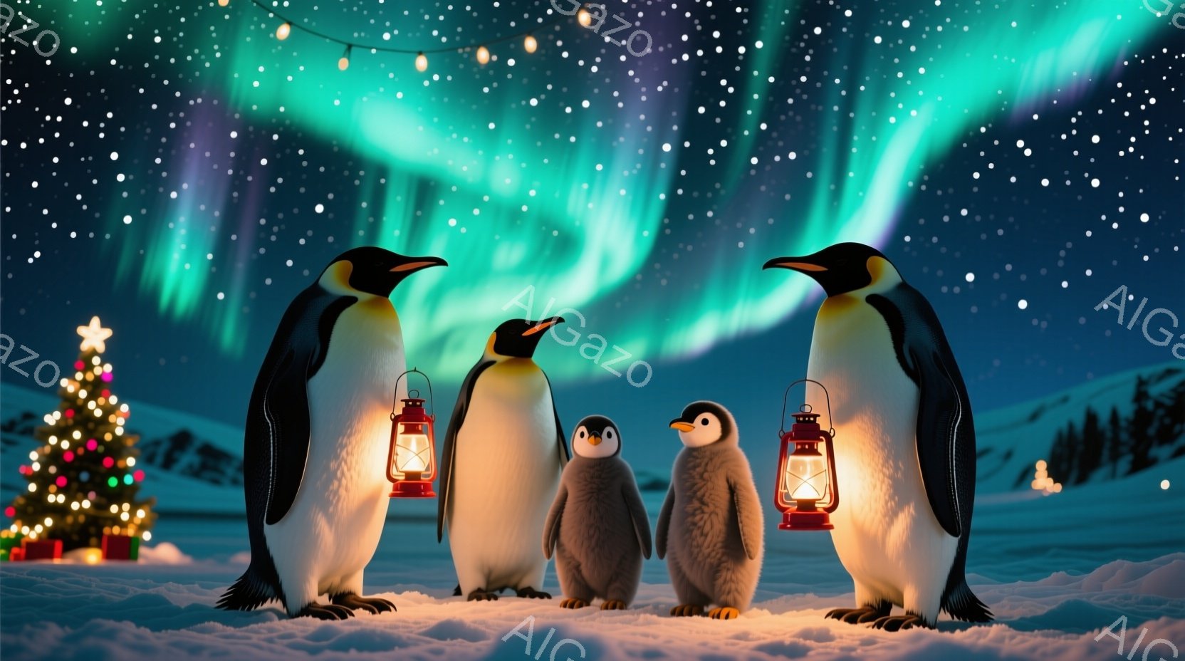 雪景色の中に、ペンギンの家族が立っている。両端の大人ペンギンは提灯を持っており、中央の小さなペンギン二羽は寄り添っている。背景にはクリスマスツリーが見え、オーロラのような光が夜空を彩り、幻想的な冬の雰 - AI生成フリー素材