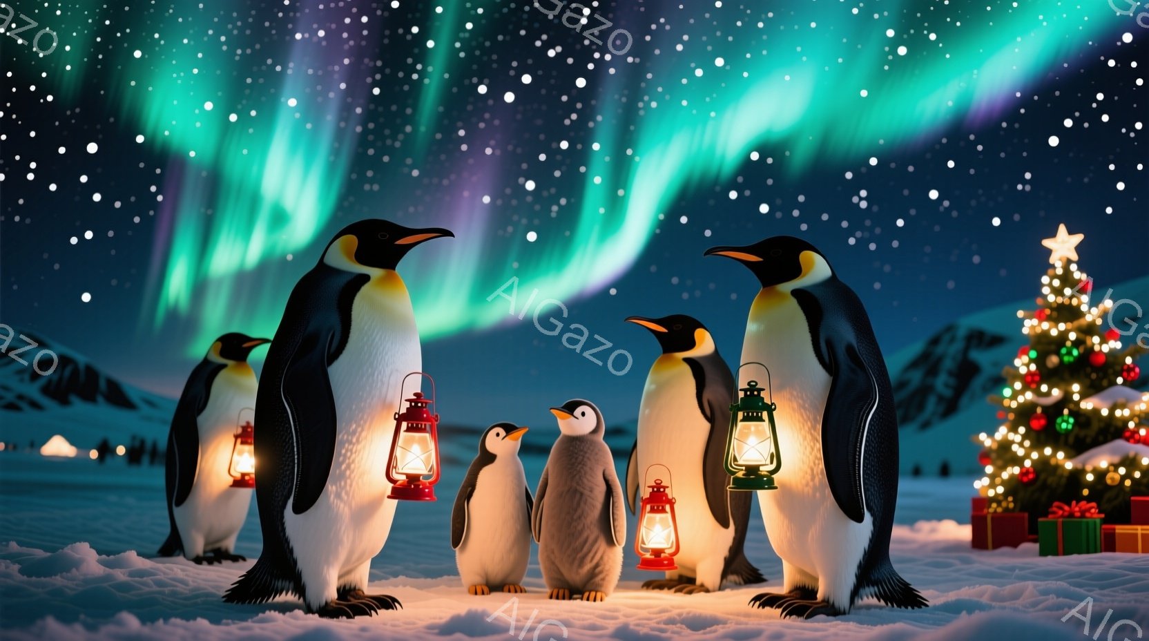 雪景色の中に、ペンギンの家族が並んでいます。彼らは赤いランプを持っており、背景にはオーロラと、飾り付けられたクリスマスツリーが見えます。全体的に、暖かく、幻想的なクリスマスの雰囲気が漂っています。 - AI生成フリー素材