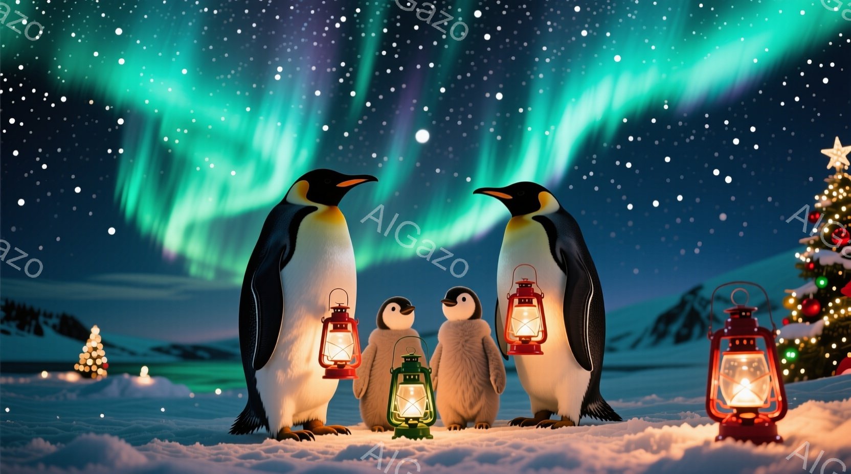 雪景色の中でペンギンの家族が描かれています。親ペンギン二羽と子ペンギン一羽が、それぞれ赤いまたは緑色の提灯を持っています。背景にはオーロラと雪に覆われた山々が見え、遠くにはクリスマスツリーが点灯してお - AI生成フリー素材