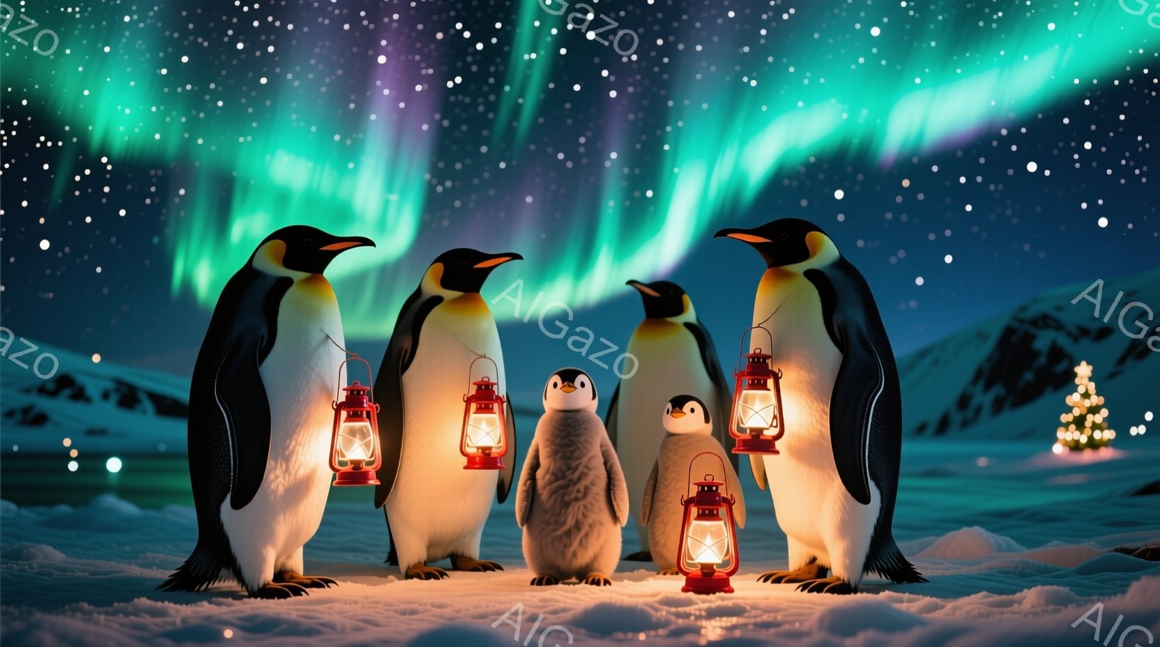 雪景色の中で、提灯を持ったペンギンたちが並んでいます。大人のペンギンたちは背筋を伸ばして立っており、中央にいる小さなペンギンは少し緊張した面持ちで、提灯の光を頼りにしています。背景にはオーロラが輝き、 - AI生成フリー素材