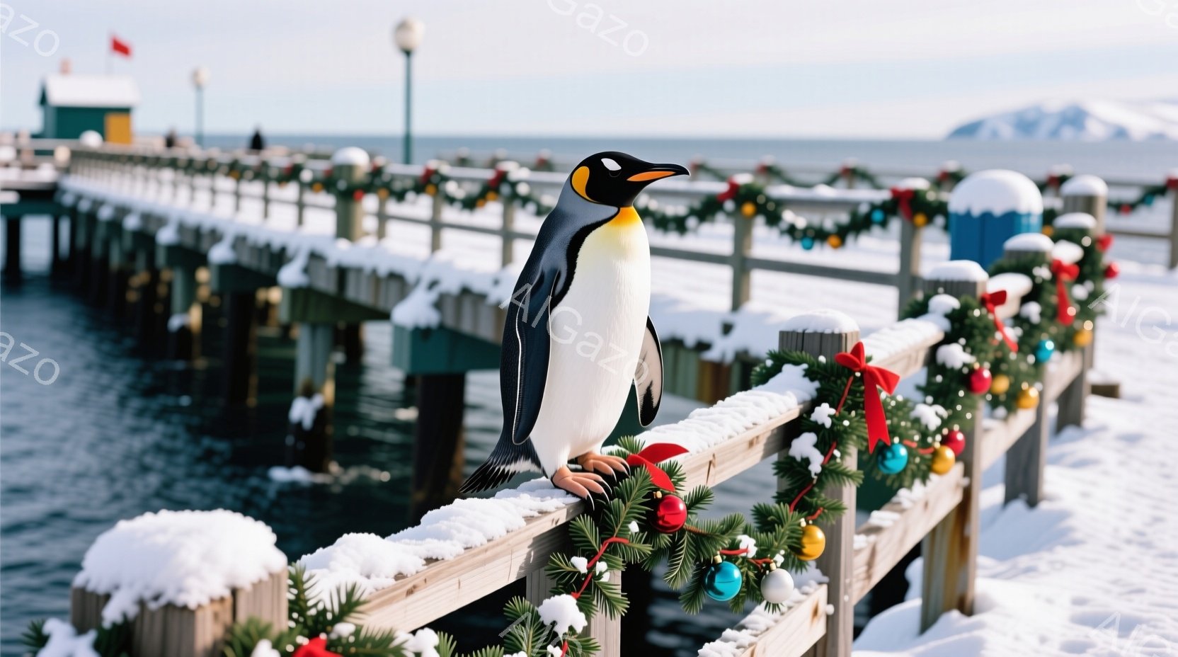桟橋の手すりにペンギンが立っており、その手すりはクリスマス装飾で飾られています。背景には、雪をかぶった建物と穏やかな海が広がり、冬の穏やかな雰囲気を醸し出しています。ペンギンは落ち着いた様子で、手すりの上から景色を眺めているようです。