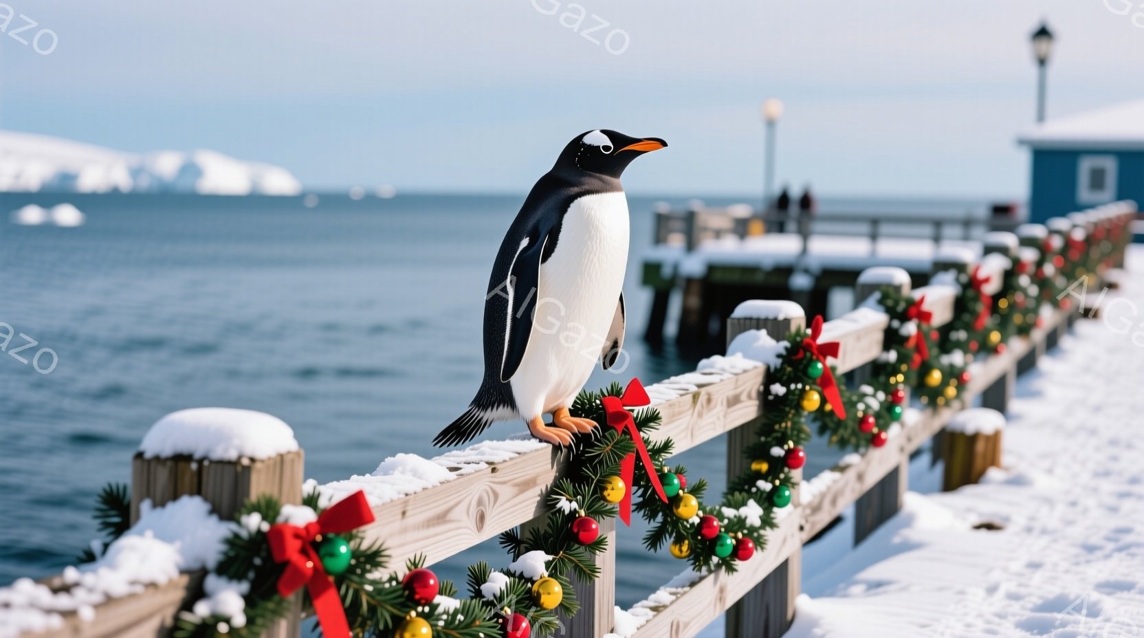 船の横に飾られたクリスマス装飾のフェンスの上に、ペンギンが立っている。背景には穏やかな海、遠くには氷山が見え、天候は晴れで雪が積もっている。全体的に、冬の穏やかな季節の雰囲気を感じさせる写真である。 - AI生成フリー素材