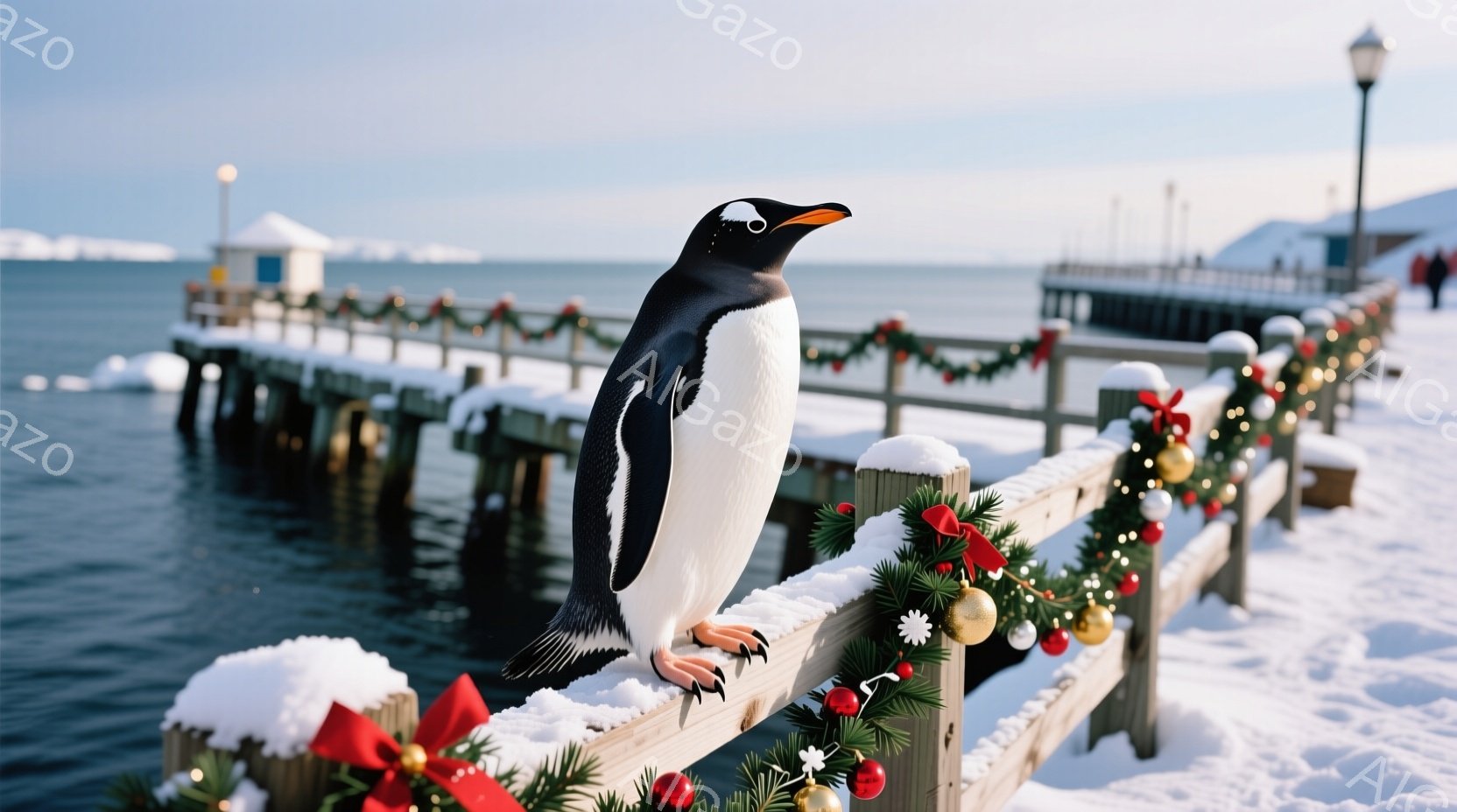 一羽のペンギンが、クリスマス装飾された柵の上に立っている。背景には、雪に覆われた桟橋と、遠くに見える建物があり、穏やかな冬の海が広がっている。全体的に、クリスマスと冬の静寂が感じられる、穏やかで可愛ら - AI生成フリー素材