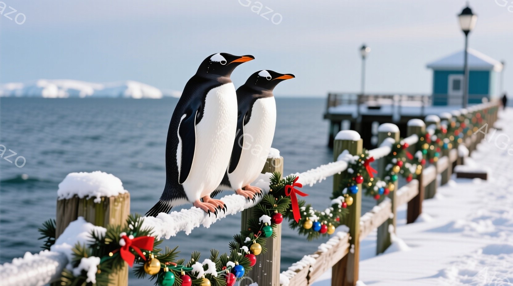 鮮やかなクリスマスの飾り付けが施された手すりに、2羽のペンギンが寄り添って立っている。背景には、雪を抱いた山々と冷たい海が広がり、遠くには小さな建物が見える。全体的に、冬の寒さとクリスマスの温かさが混ざり合った、平和で魅力的な雰囲気である。