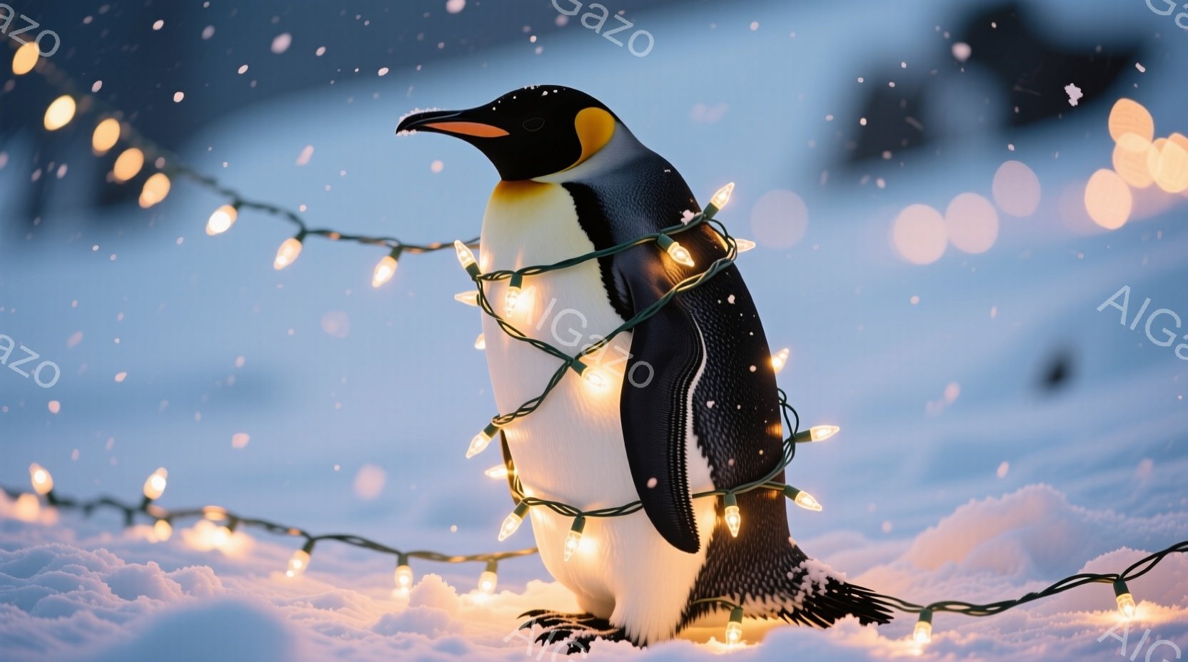 コウテイペンギンが雪の上に立っており、首と胴体にクリスマスライトが巻き付いています。ペンギンは前を向き、やや真剣な表情をしています。背景は雪景色で、ぼやけた光の粒子が舞い、冬の幻想的な雰囲気を醸し出しています。