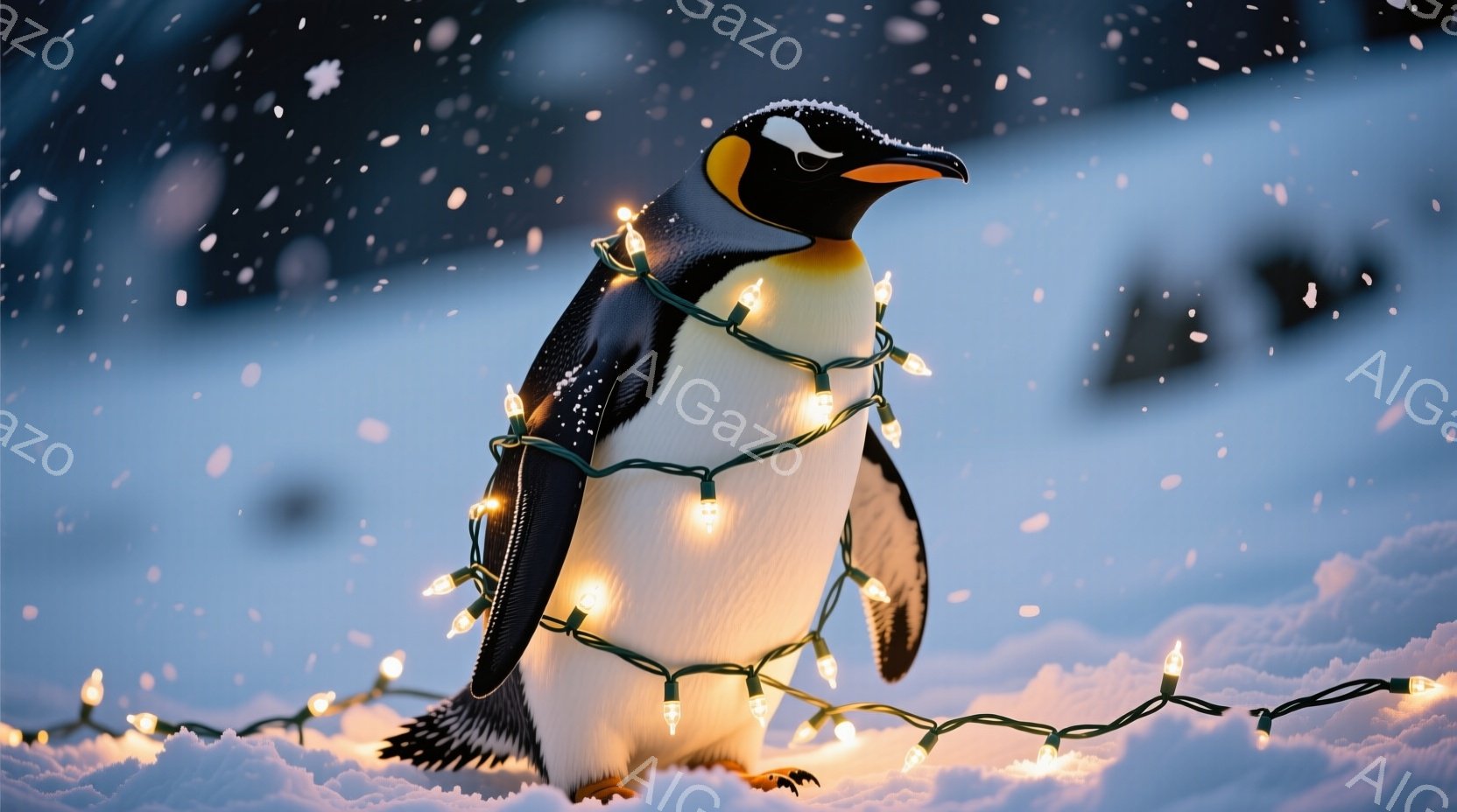 白い雪の上に立つペンギンが、暖かい光を放つ電飾で飾り付けられています。ペンギンはまっすぐ前を見ており、表情は穏やかで、冬の寒さの中にも温かさを感じさせる様子です。背景は雪景色で、暗い空と白い雪のコント - AI生成フリー素材
