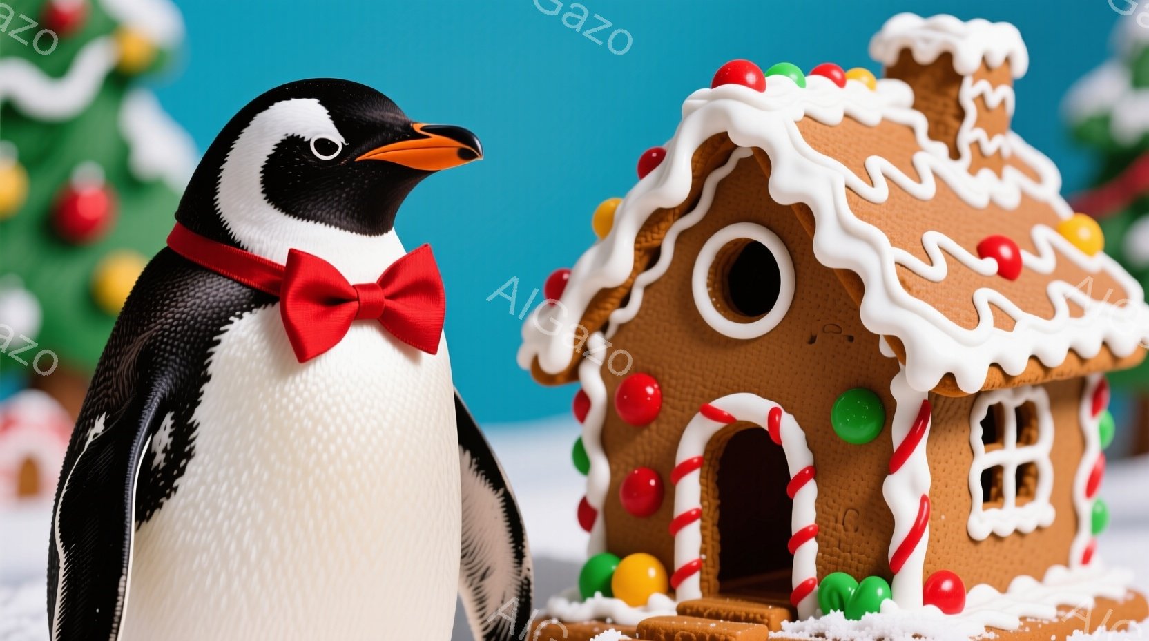 鮮やかな青色の背景を背景に、赤い蝶ネクタイをつけたペンギンと、お菓子で飾られたジンジャーブレッドハウスが並んでいます。ペンギンは左側に少し傾いており、ジンジャーブレッドハウスは右側に位置しています。背 - AI生成フリー素材