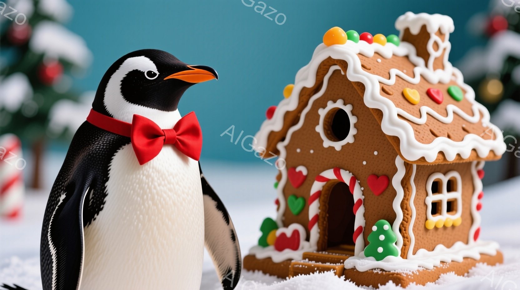 黒いペンギンが赤い蝶ネクタイを身につけて立っており、少し横を向いています。背景には雪景色の中にジンジャーブレッドハウスがあり、カラフルなキャンディーやアイシングで飾られています。全体的に、クリスマスの - AI生成フリー素材