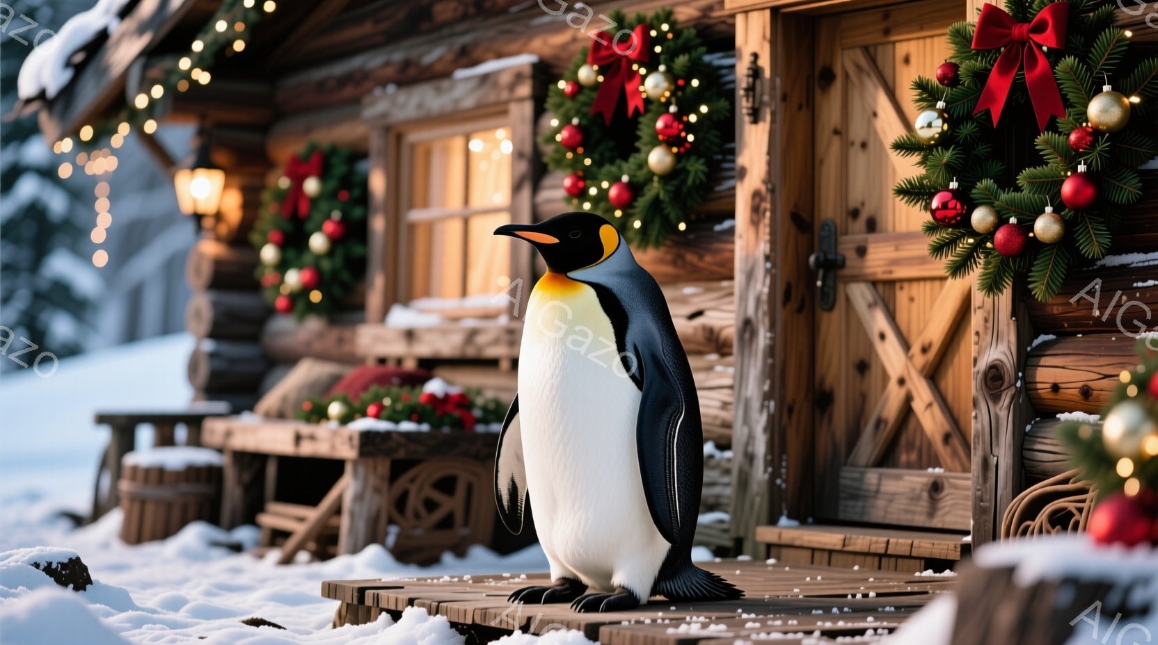 雪景色の中に、可愛らしいペンギンが立っています。ペンギンは白い胸と黒い背中を持ち、まっすぐ前を見ています。背景には、クリスマスリースや装飾が施された木製の家があり、冬の暖かく幻想的な雰囲気を醸し出して - AI生成フリー素材