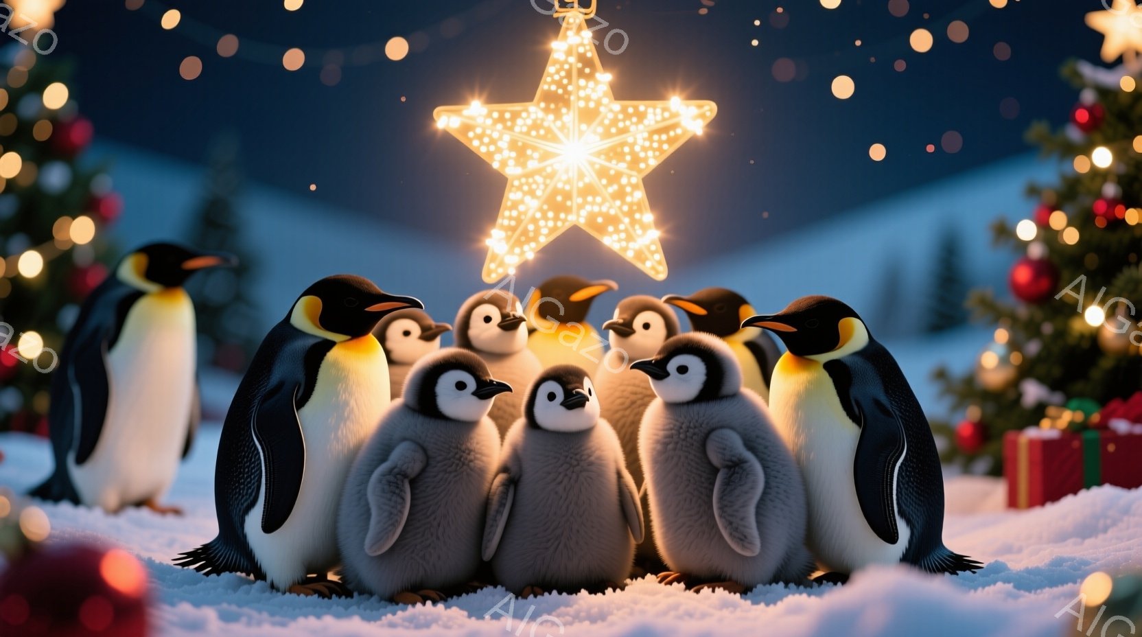 白い雪景色の中に、ペンギンの家族が寄り添って描かれています。親ペンギンを中心に、可愛らしい雛たちが群がり、クリスマスの装飾である光り輝く星やクリスマスツリーが背景にぼんやりと見え、温かく幸せな雰囲気を - AI生成フリー素材