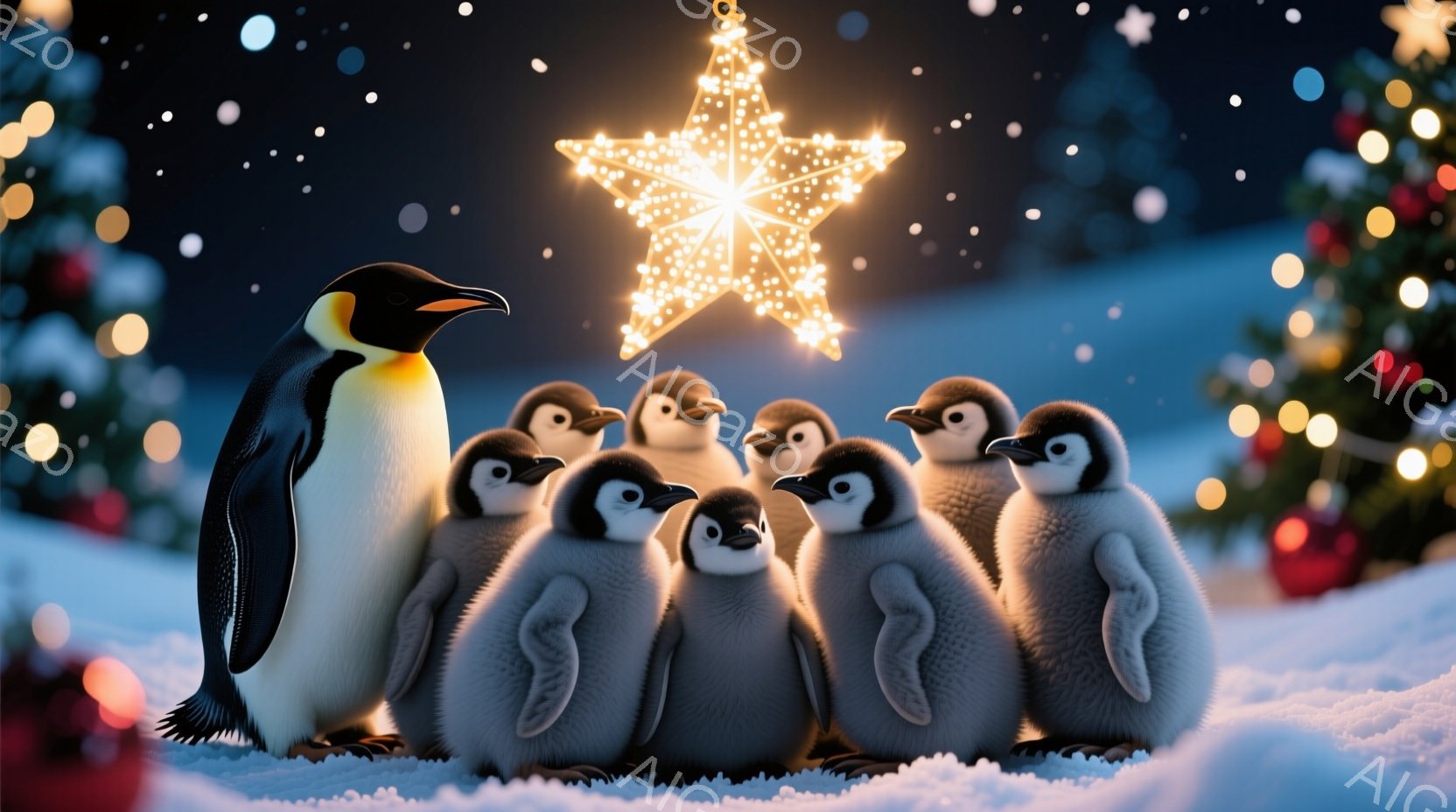 白い雪景色の中に、親ペンギンと多くの雛ペンギンたちが集まっている。雛たちは寄り添い、親ペンギンはそれらを見守るように立っている。背景にはぼやけたクリスマスツリーと輝く星があり、冬の暖かく穏やかな雰囲気を醸し出している。