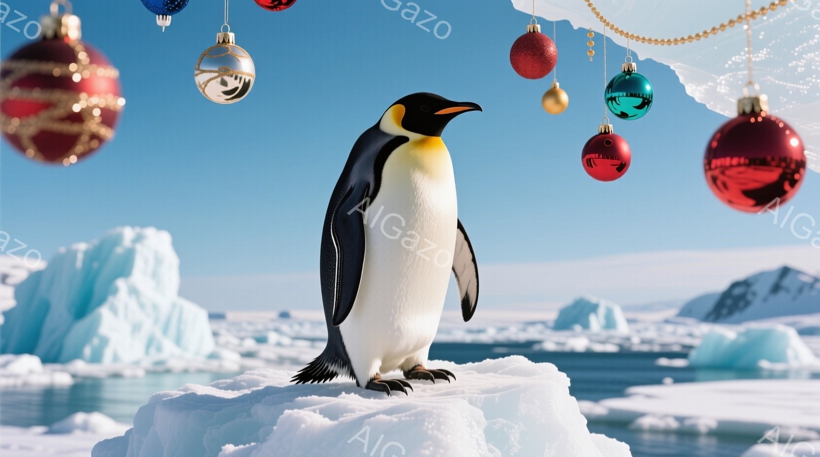 南極の氷の上にペンギンが立っており、周囲にはクリスマスのオーナメントが浮かんでいます。ペンギンは黒と白のコントラストがはっきりとした美しい羽毛を持ち、正面をまっすぐ見つめています。背景には青い空と氷山 - AI生成フリー素材