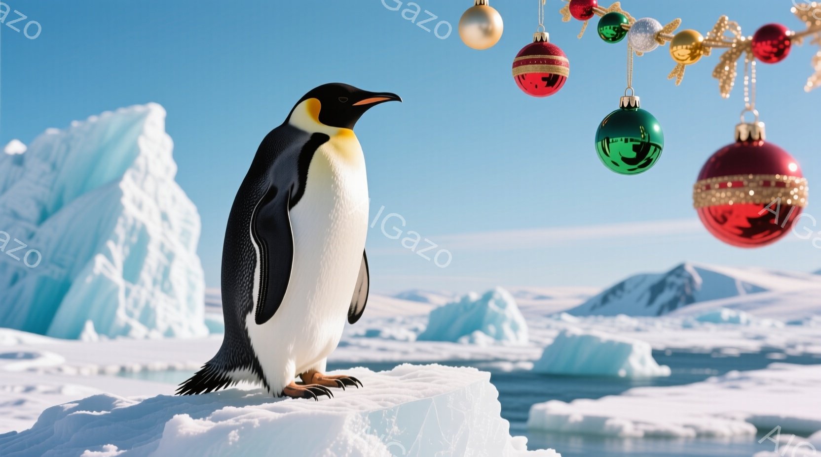 南極の氷の上に、堂々とした姿勢でペンギンが立っている。背景には、青白い氷山が連なり、澄み切った青空が広がっている。ペンギンの頭上には、クリスマスオーナメントが飾られており、冬の幻想的な雰囲気を醸し出している。