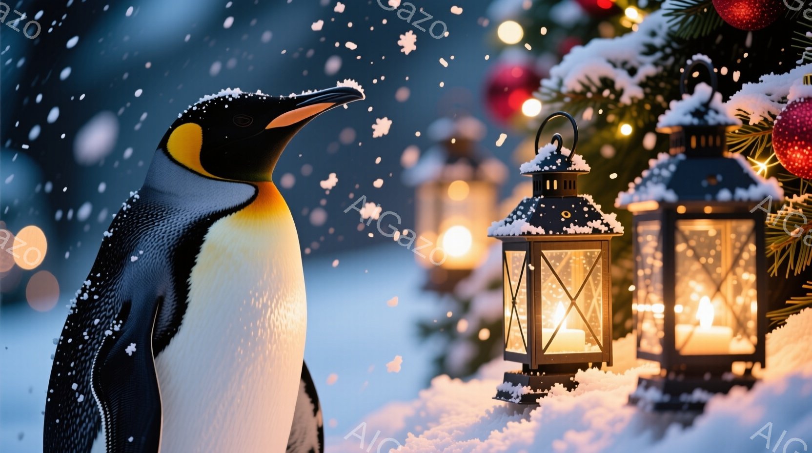 雪が降る中、ペンギンが正面を向いて立っている。背景には、ぼやけたクリスマスツリーと、雪に覆われた灯篭が並び、温かい光を放っている。全体的に、冬の穏やかさとクリスマスの祝祭的な雰囲気が漂う、幻想的な光景 - AI生成フリー素材