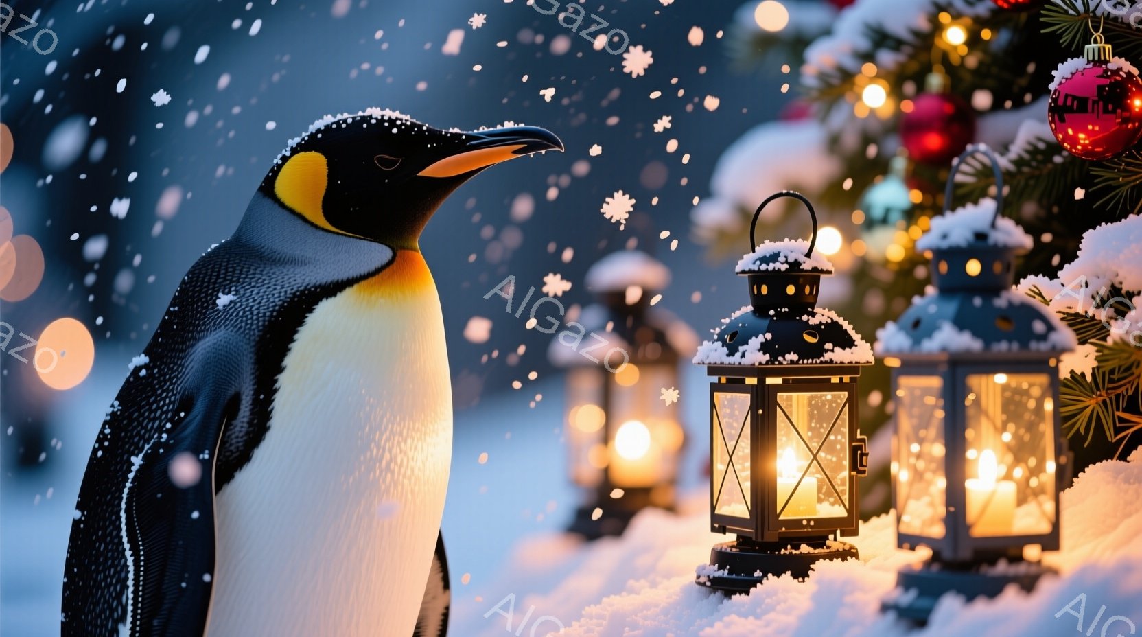 皇帝ペンギンが雪景色の中に立っており、背景にはキラキラと光るクリスマスツリーとキャンドルで灯されたランタンが並んでいます。雪が舞い降り、暖かく幻想的な雰囲気を醸し出しています。ペンギンの表情は穏やかで - AI生成フリー素材