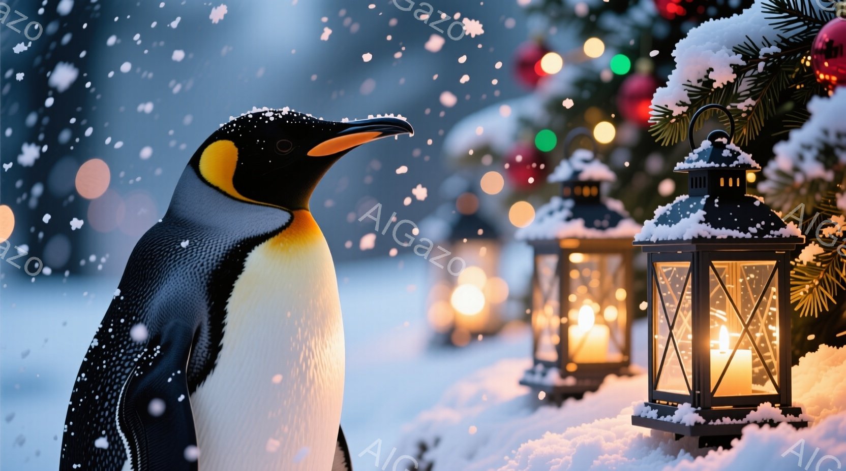 雪が舞う冬の風景の中に、ペンギンが立っている。背景には、イルミネーションが輝くクリスマスツリーと、ロウソクが灯された雪に覆われたランタンが並び、暖かく幻想的な雰囲気を醸し出している。ペンギンの姿勢は堂 - AI生成フリー素材