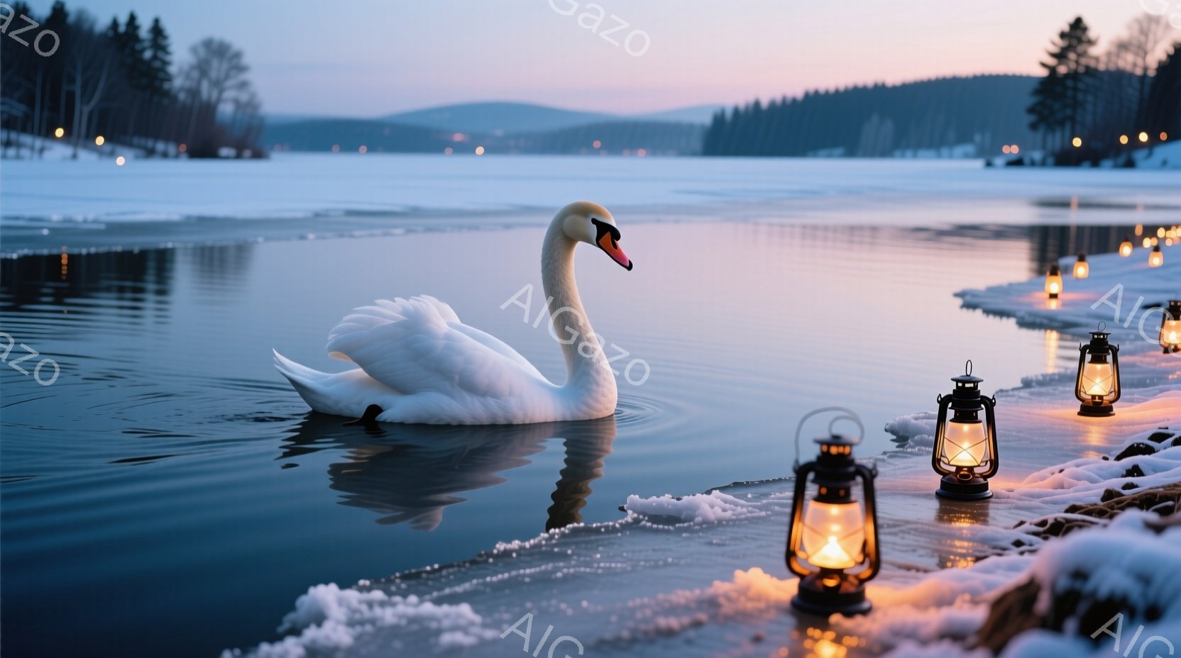 白鳥が穏やかな水面を優雅に泳いでいる様子が描かれている。背景には雪に覆われた岸辺と遠くの山々が広がり、岸辺には灯りが灯されたランタンが並んでいる。全体的に静かで幻想的な雰囲気が漂い、冬の夜の穏やかさを - AI生成フリー素材