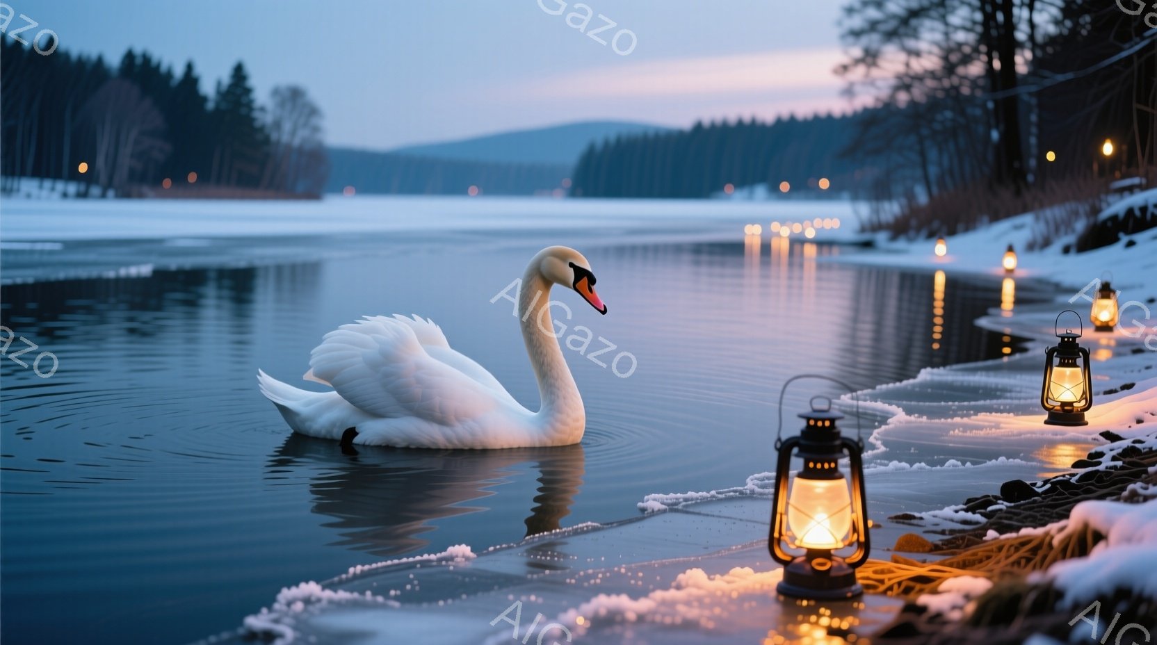 白い白鳥が穏やかな水面を優雅に泳いでいる。岸辺には雪が積もり、温かい光を放つランタンが並べられ、幻想的な雰囲気を醸し出している。背景には暗い森が広がり、夕暮れ時の静寂と安らぎを感じさせる光景である。 - AI生成フリー素材