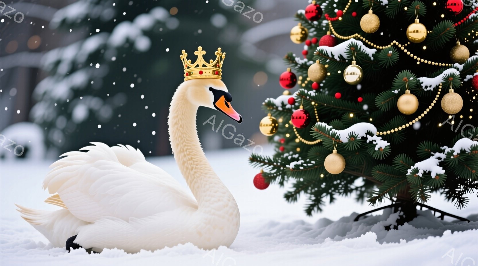 白いハクチョウが雪の上に座り、頭には金色の王冠を戴いている。背景には雪化粧したクリスマスツリーがあり、赤いオーナメントが輝いている。全体的に冬の暖かく、幻想的な雰囲気が漂っている。 - AI生成フリー素材
