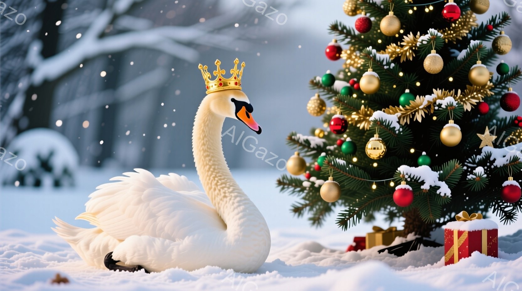 白いハクチョウが雪の上に座り、頭には金色の王冠を載せています。背景には、オーナメントで飾られたクリスマスツリーと赤いプレゼント箱があり、雪が舞う冬の風景が広がっています。暖かく幻想的なクリスマスの雰囲 - AI生成フリー素材