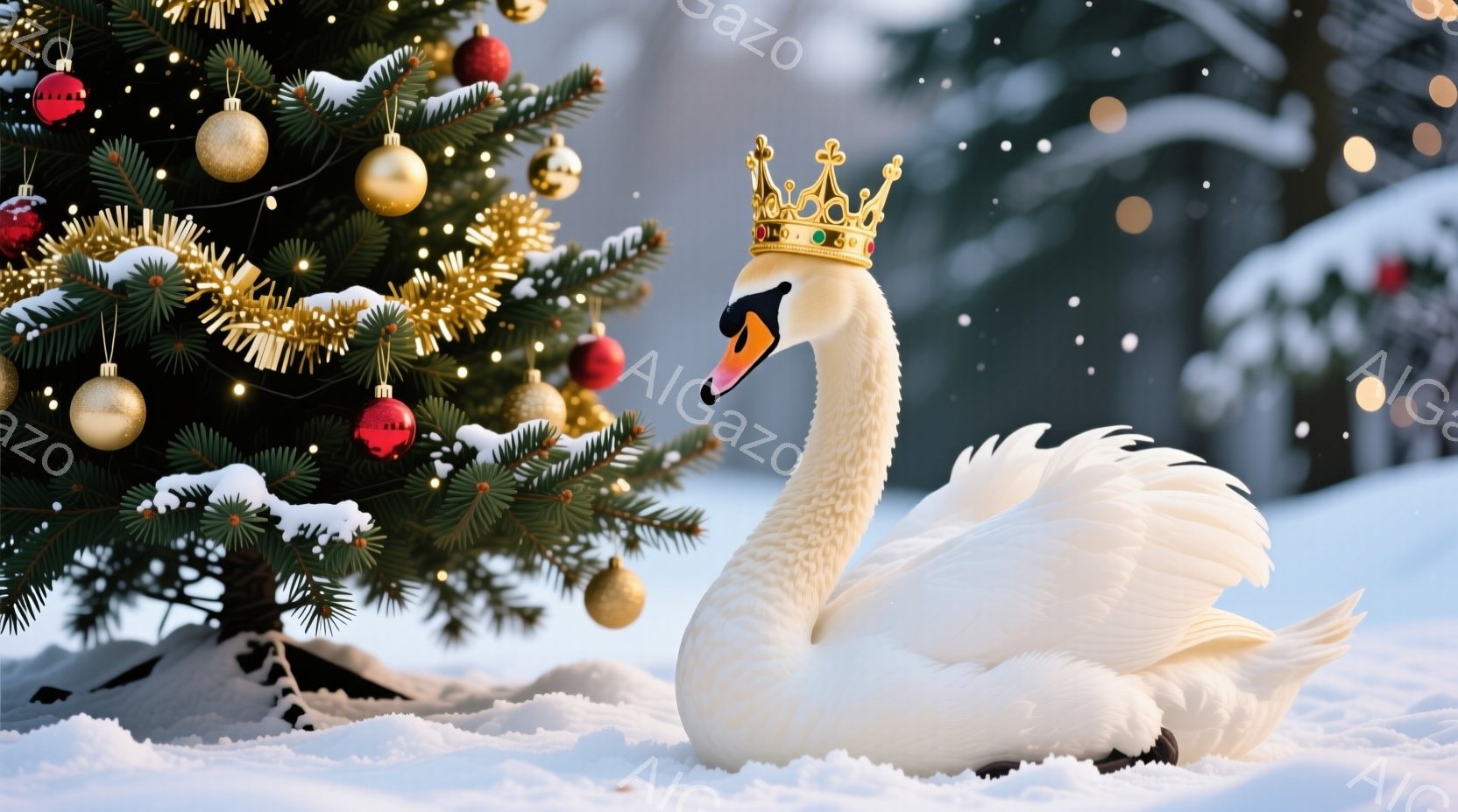 白い背景に、クリスマスの飾り付けがされたモミの木を背景に、王冠を被った白いハクチョウが雪の中に座っています。ハクチョウは左を向き、優雅な姿勢で、まるで高貴な王族のような雰囲気を醸し出しています。雪が舞う冬の景色は、幻想的で温かいクリスマスの雰囲気を演出しています。