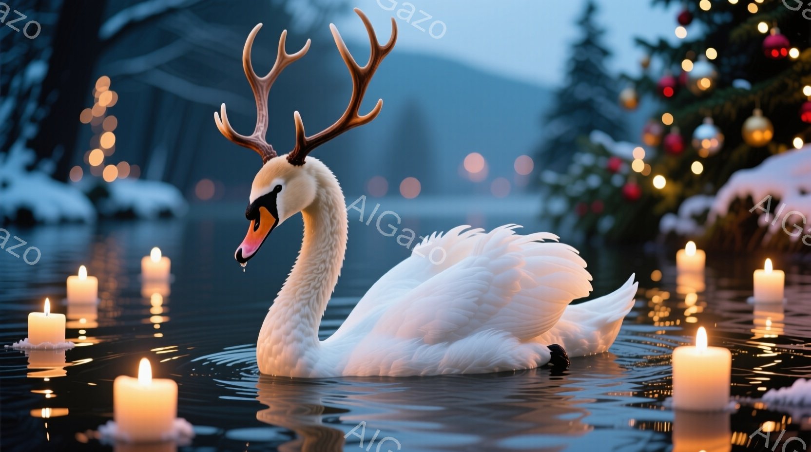 白鳥が水面を優雅に泳いでいる。その頭には角が生えており、まるで神話の中の生き物のようである。周囲にはたくさんのキャンドルが浮かび、奥にはクリスマスツリーがぼんやりと見え、幻想的な雰囲気を醸し出している - AI生成フリー素材