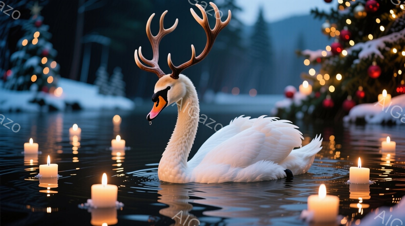 白い羽を持つ白鳥が水面を優雅に泳いでおり、頭には鹿のような角が生えています。水面には無数のロウソクが浮かび、背景にはクリスマスツリーの光がぼんやりと見え、雪景色が広がっています。全体として幻想的で静謐 - AI生成フリー素材