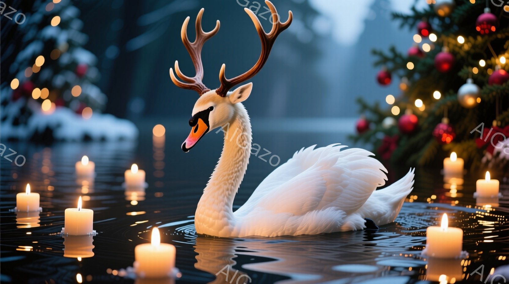白いハクチョウが水面に浮かび、頭には角が生えているという幻想的な光景が描かれている。周囲には無数のキャンドルが灯り、その光が水面に反射してキラキラと輝いている。背景にはぼんやりとクリスマスツリーが見え、静かで神秘的な雰囲気を醸し出している。