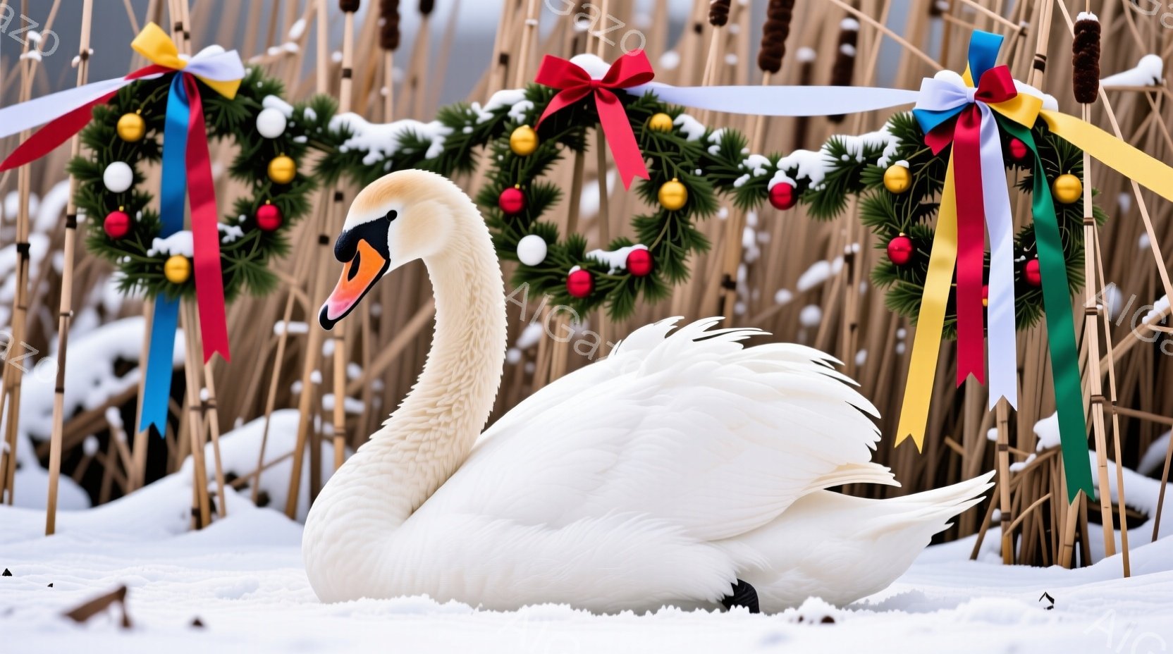 白鳥が雪景色の中に優雅にたたずんでいます。その姿は、背景の葦原と雪に覆われた自然と調和し、静かで穏やかな雰囲気を醸し出しています。頭にはカラフルなリボンが結ばれ、冬の風景に鮮やかなアクセントとなってい - AI生成フリー素材