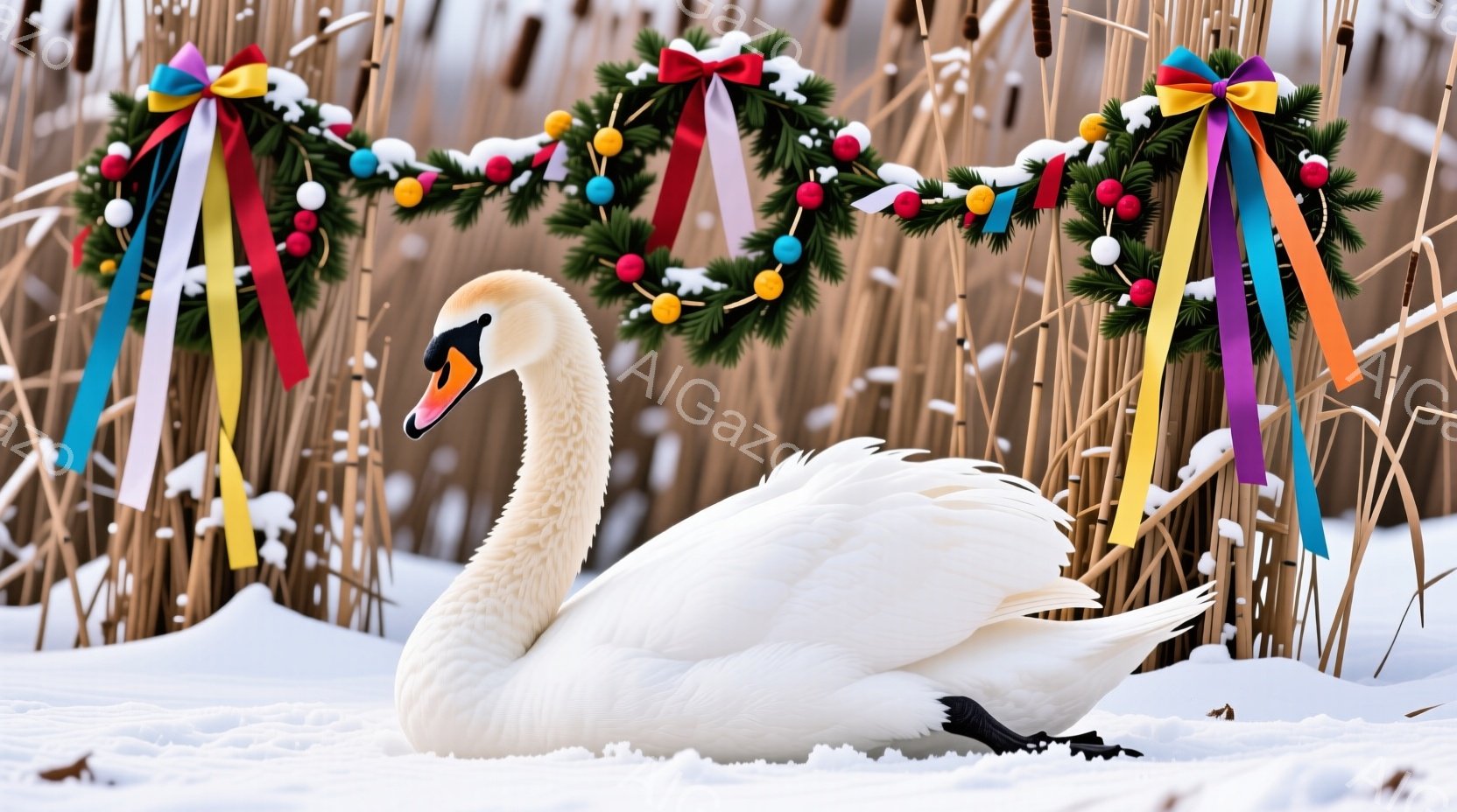 白い羽毛を持つ美しい白鳥が雪の上に座っています。背景には、カラフルなリボンで飾られたクリスマス風のリースが並んだ葦の茂みが広がっています。雪景色と華やかなリースが、冬の穏やかで祝祭的な雰囲気を醸し出し - AI生成フリー素材