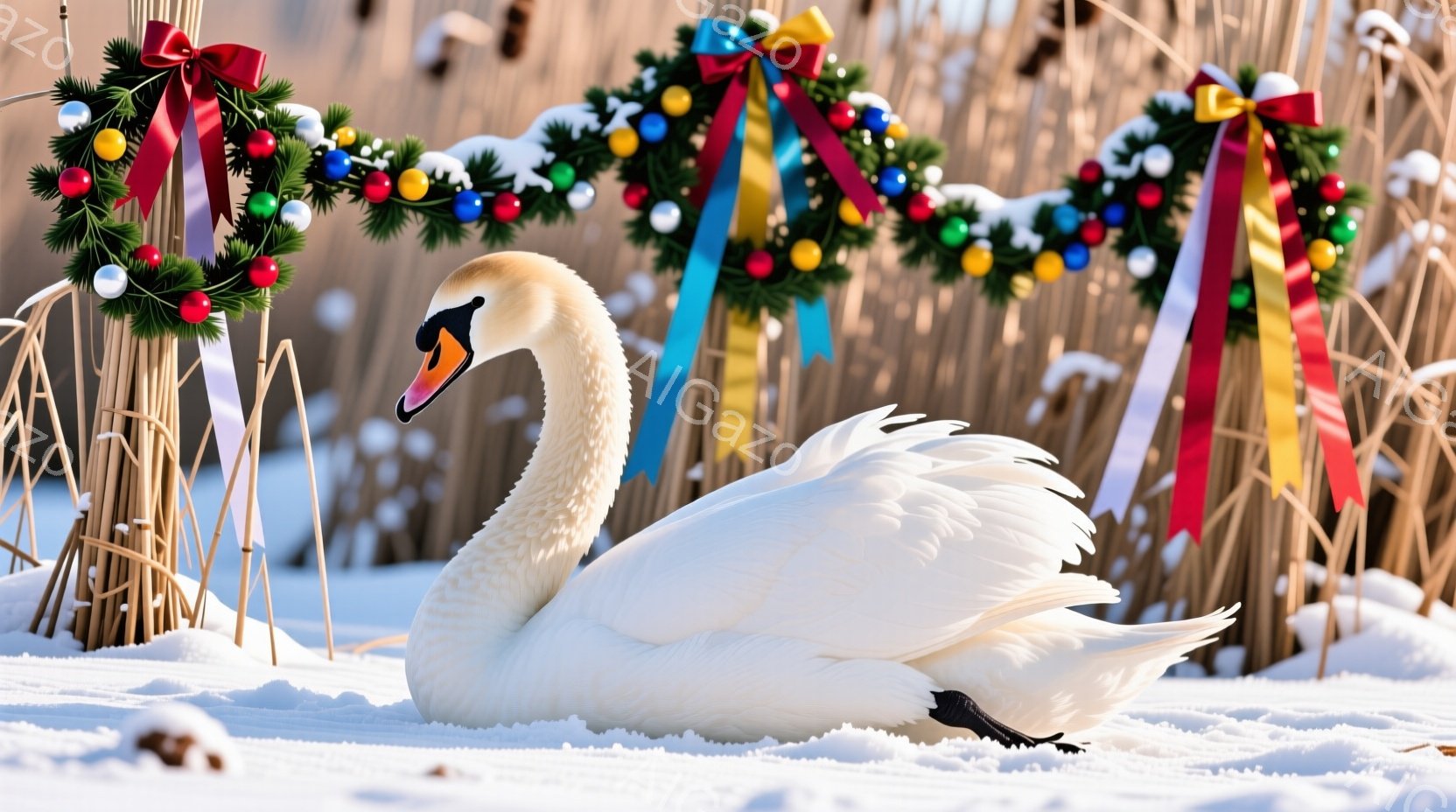 白いハクチョウが雪の上に優雅に座っています。オレンジ色のくちばしが特徴的で、羽毛は丁寧に整えられています。背景には、クリスマスリースが飾られた竹垣があり、雪景色と相まって穏やかで冬らしい雰囲気を醸し出しています。