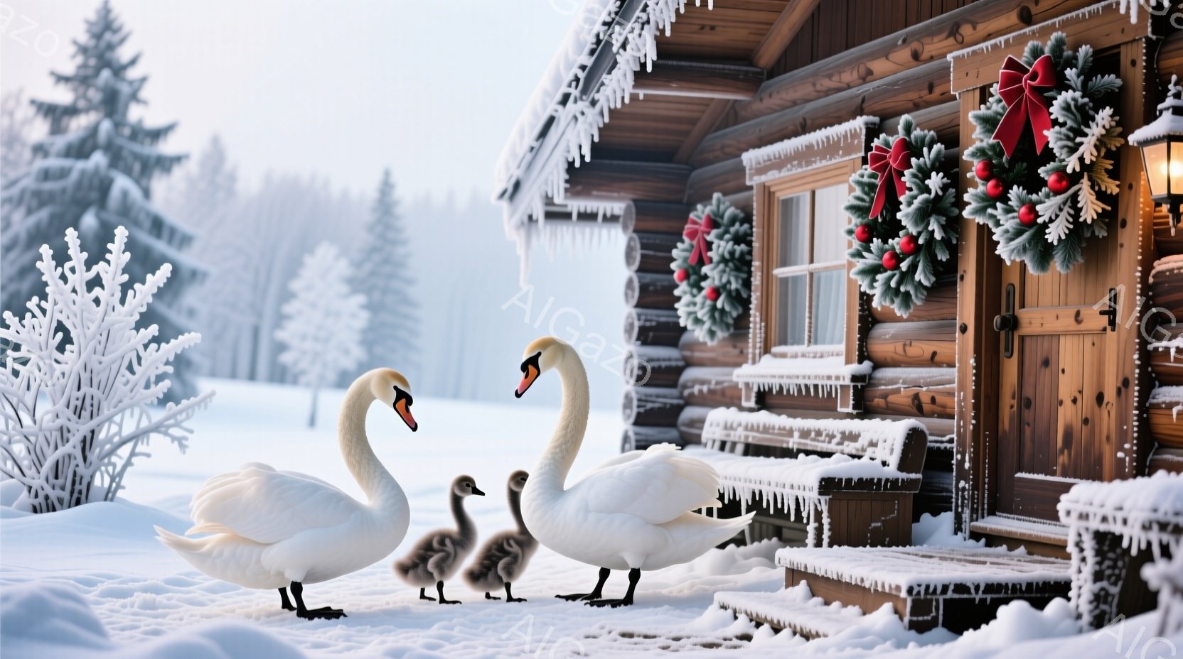 白い親鳥と三羽の子鳥が雪の上に立っている。背景には、クリスマスリースが飾られた木造の家があり、雪で覆われた松の木が広がる冬の風景が広がっている。全体的に穏やかで暖かく、クリスマスの雰囲気が漂う静かな情 - AI生成フリー素材