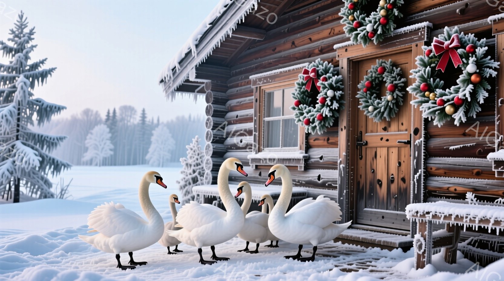 白い背景に雪に覆われた木造の小屋が写っており、正面のドアには赤い実のついたクリスマスリースが飾られています。小屋の前に、首を伸ばして歩く白鳥が数羽おり、雪の上に黒い足跡を残しています。背景には雪をまとった木々が広がり、冬の静寂で穏やかな雰囲気が漂っています。